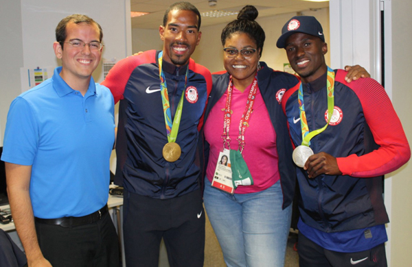  Ted Emrich ('09) at the 2016 Rio Summer Olympics with U.S. men's triple jump gold medalist Christian Taylor, NBC Sports commentator Carol Lewis Zilli, and U.S. men's triple jump silver medalist Will Claye.