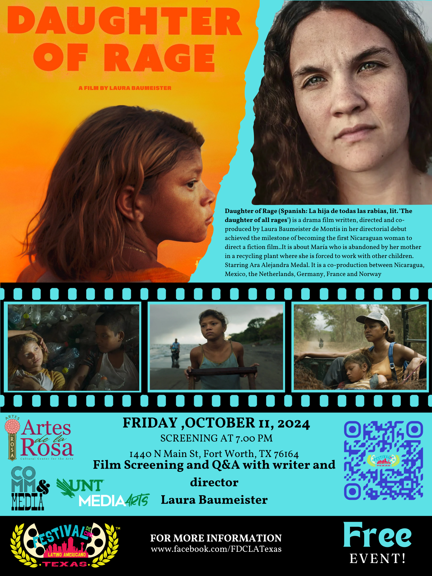 Movie poster for "Daughters of Rage" Oct. 11 @ 7 pm in the Artes de La Rosa Cultural Center for the Arts. Q&A with Director Laura Baumeister after the free screening.