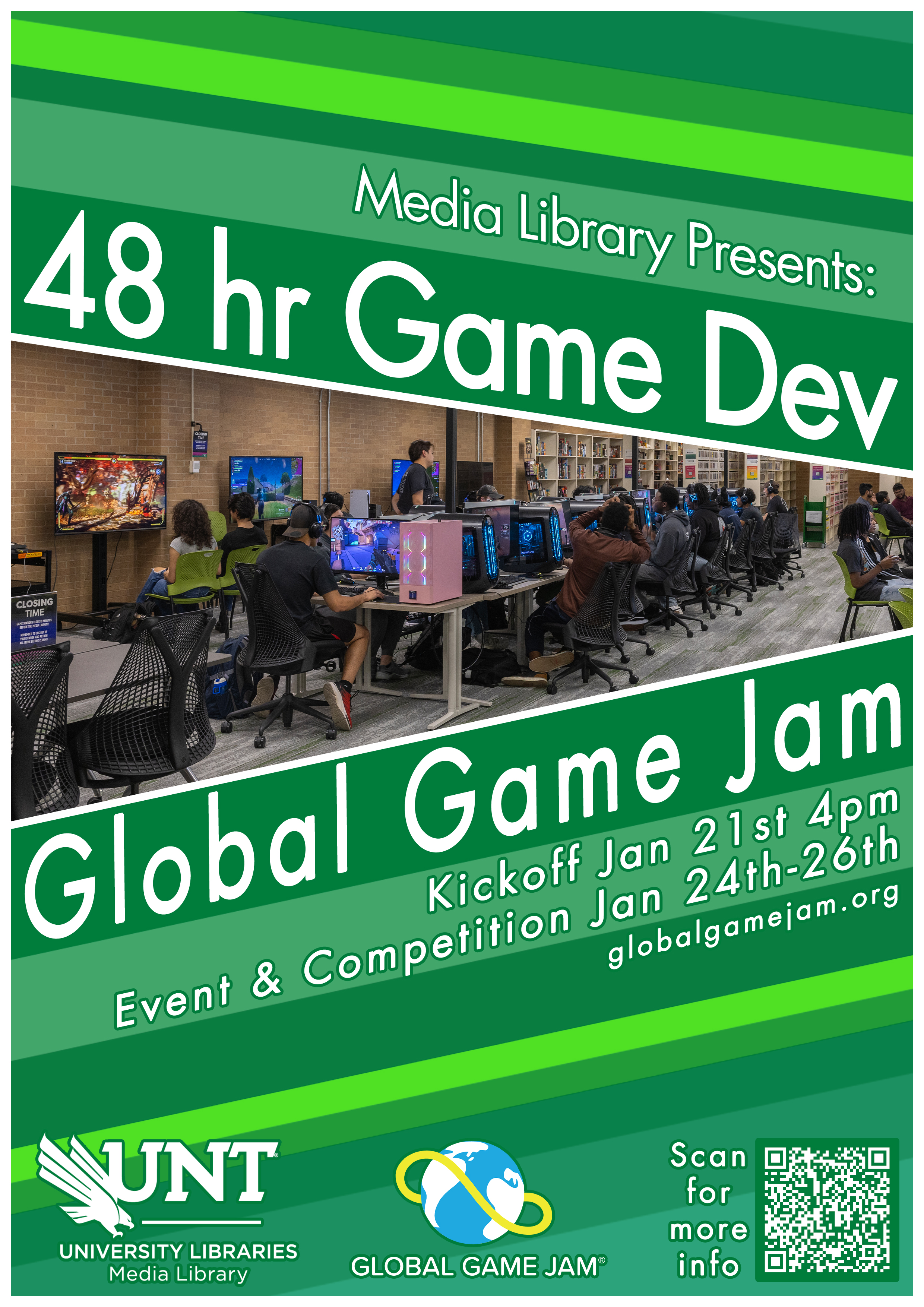 Poster in green with picture of the media library gaming space.