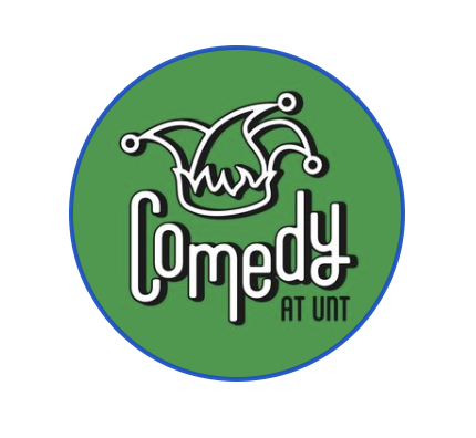 Jester hat sitting on top of the word comedy. Both are green. 