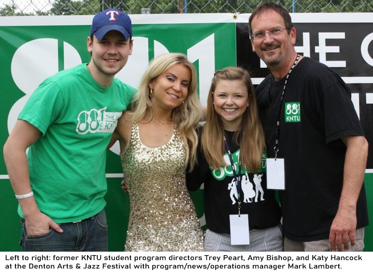 Left to right: former KNTU student program directors Trey Pearl, Amy Bishop, and Katy Hancock at the Denton Arts & Jazz Festival with, now retired, program/news/operations manager Mark Lambert.