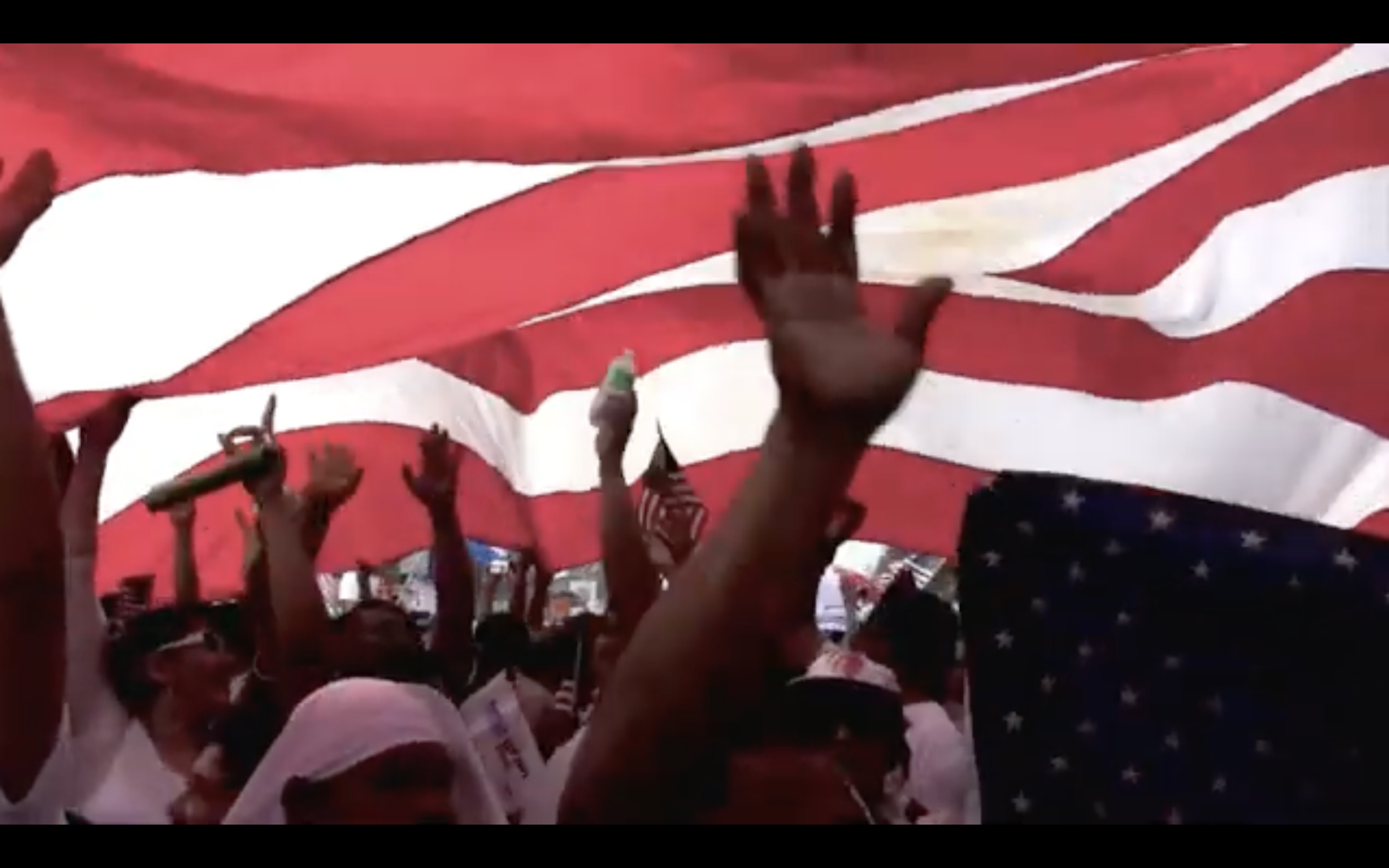 Protesters marching under a giant American flag. 