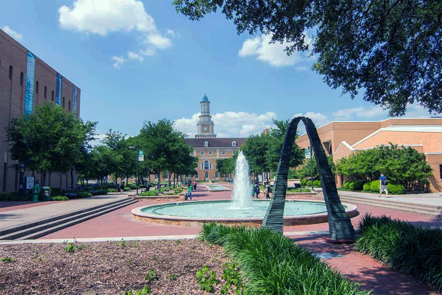 UNT's Hurley Administration Building on the plaza in front of the Willis Library.