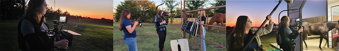 3 images of students working on location filming at a horse ranch at dusk. 